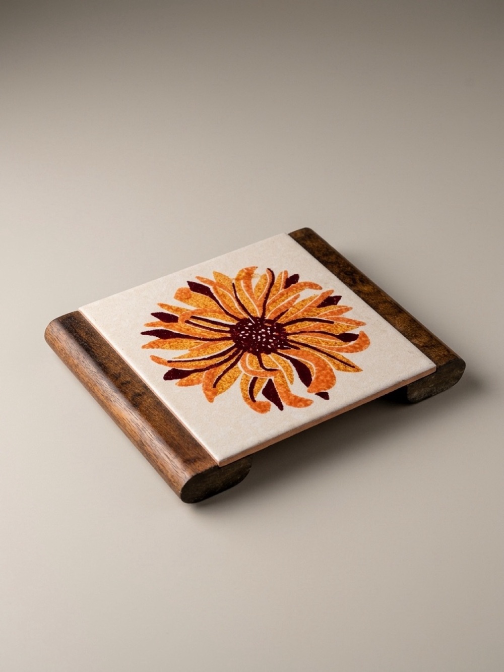 VINTAGE TUSCAN FLOWER TILE/WOOD TRIVET MADE IN ITALY RETRO EURO-SUMMER RUSTIC